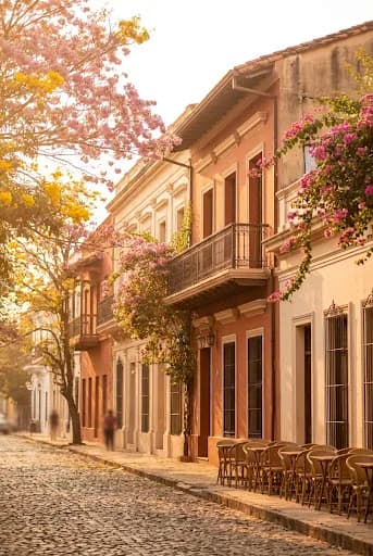 Calle histórica de Asunción bajo lapachos florecidos